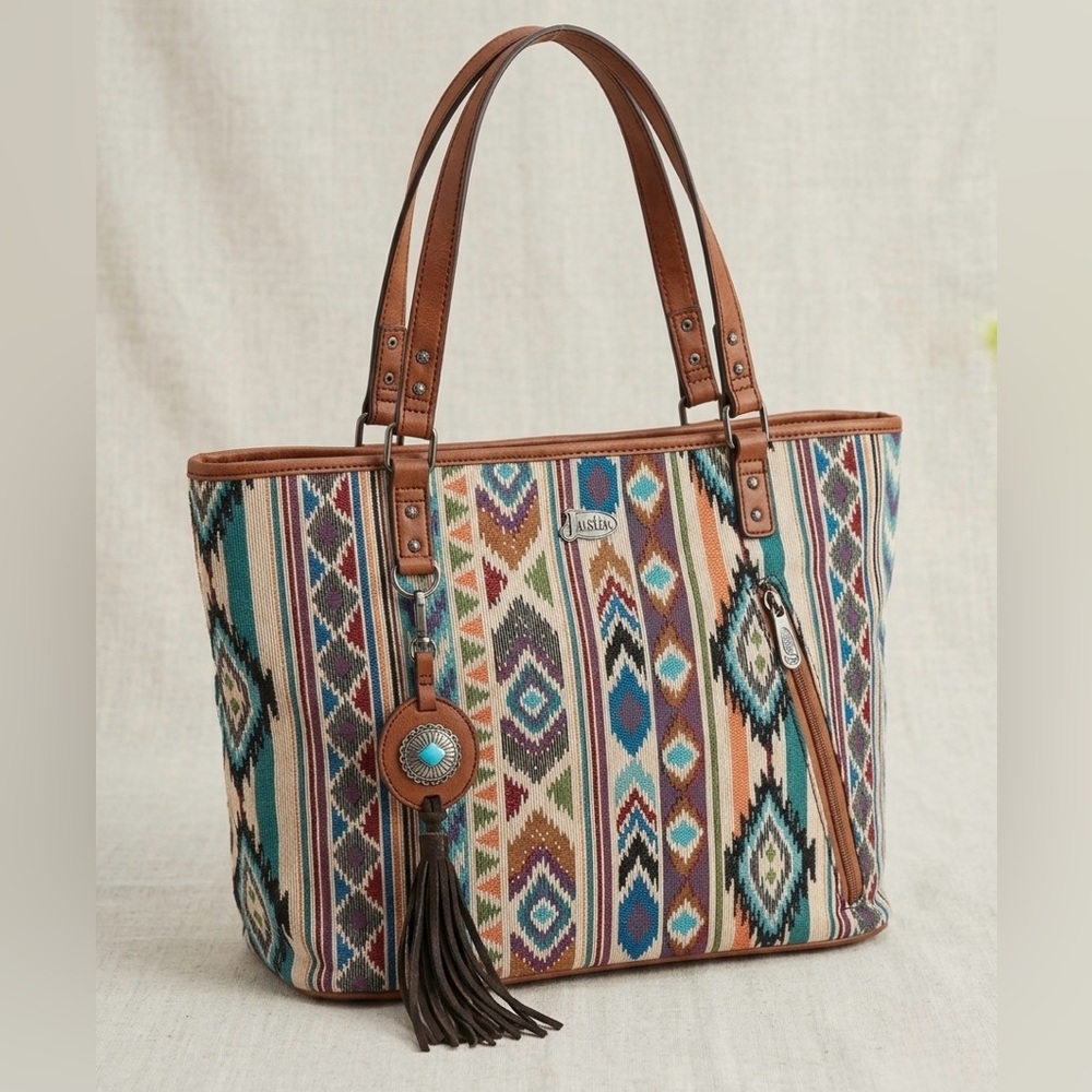 Justin Boots Western Aztec Serape Woven Tote Bag Leather Trim